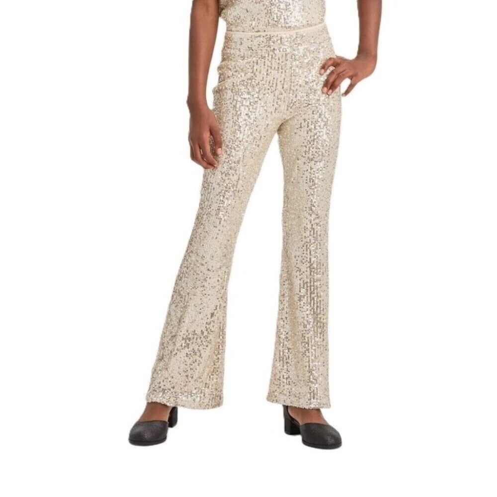 Girls, white, silver gold sequins lined flare pants